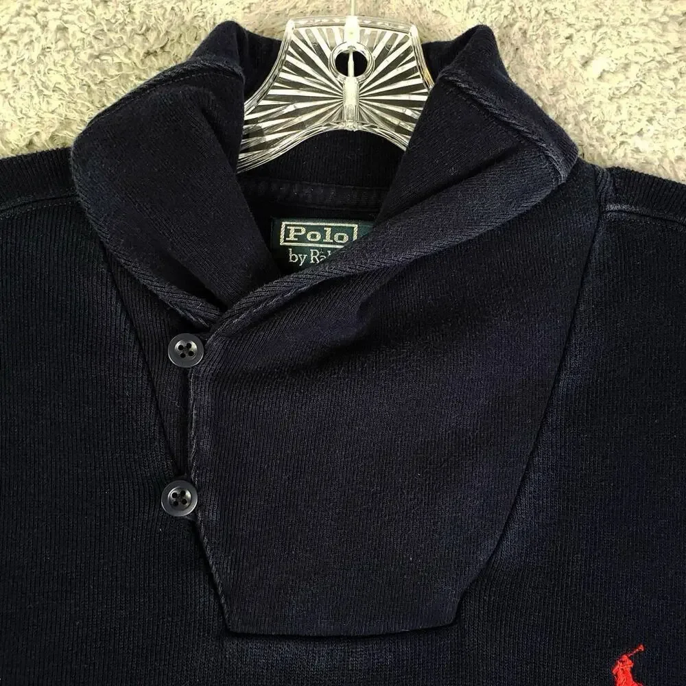 Polo Ralph Lauren Men's Shawl Collar Sweater Terry Knit Sweatshirt Navy Blue